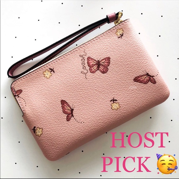 Coach Handbags - COACH Signature Pink butterfly Coated Canvas Leather Wristlet